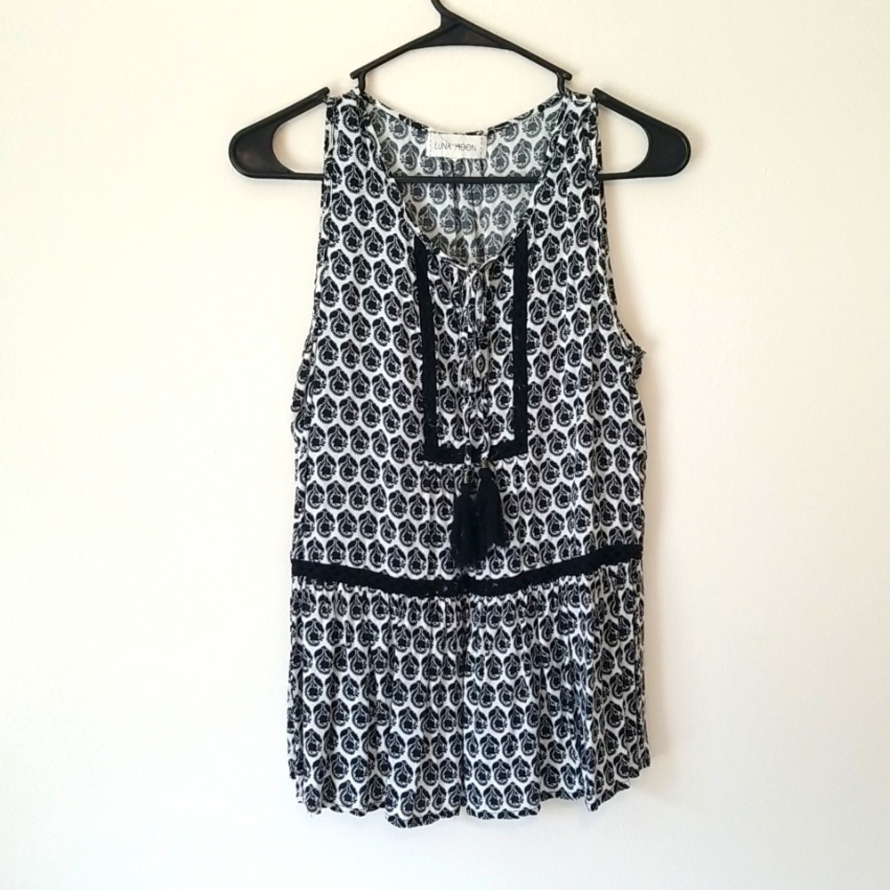 Luna Moon Black White Peasant Peplum Sleeveless Top Small
